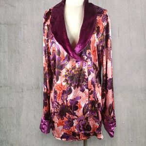 Anthropologie Luxe Sleep Top Purple Floral Velvet Trim Pajama Shirt Boho Whimsy